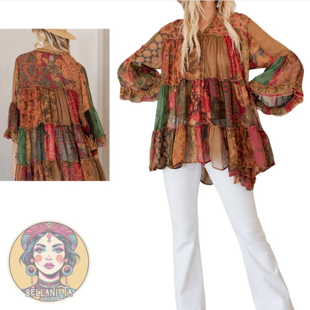 44335 YOUNG THREADS Overdyed Band Collar Jhabla Patchwork Top Camel - Picture 2 of 2